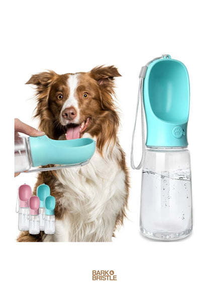 Pet water bottle with a dog and additional bottles on a white background