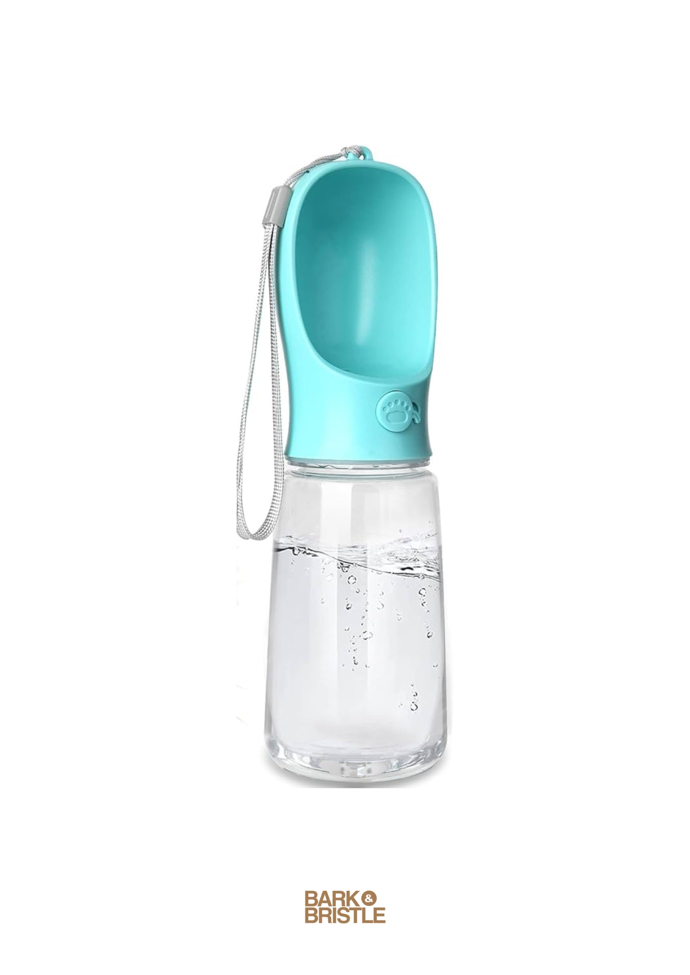 Clear water bottle with a blue top on a white background, featuring the brand 'Barko Bristle'.