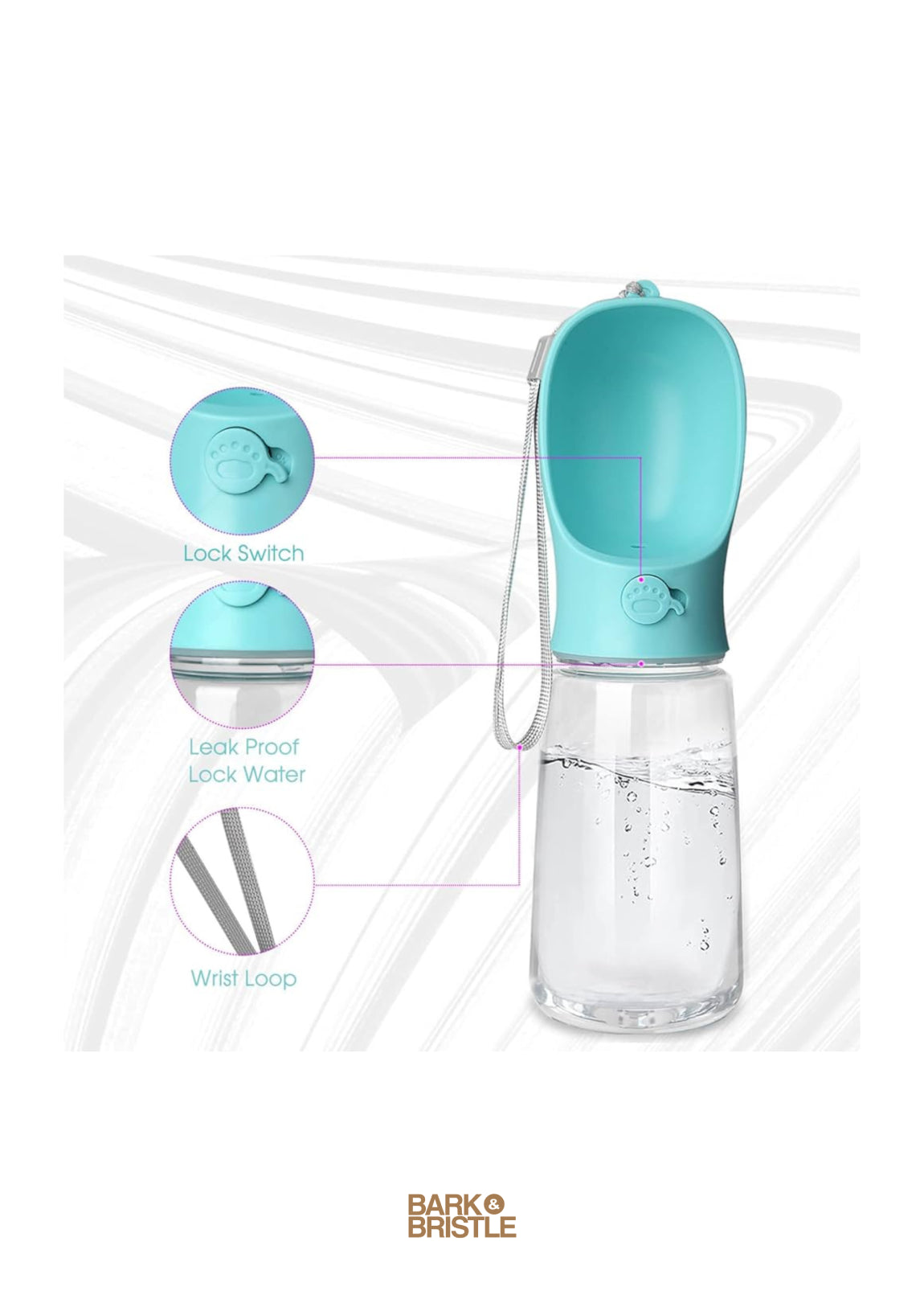 Pet water bottle with blue top and clear body on a white background, featuring the brand 'Barko Bristle'.