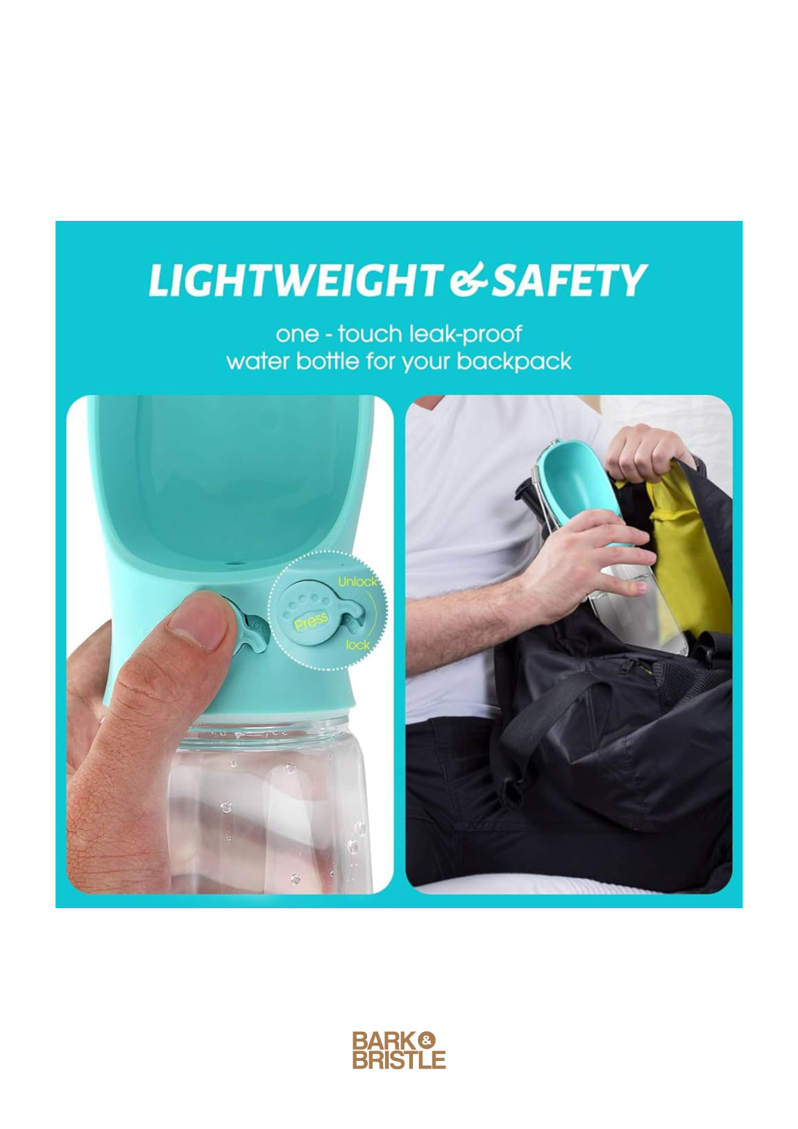 Leak-proof water bottle with text 'Lightweight & Safety' and 'one-touch' feature, displayed on a white background.