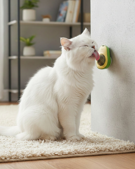 White cat playing with a toy shaped like an avocado on a carpeted floor.