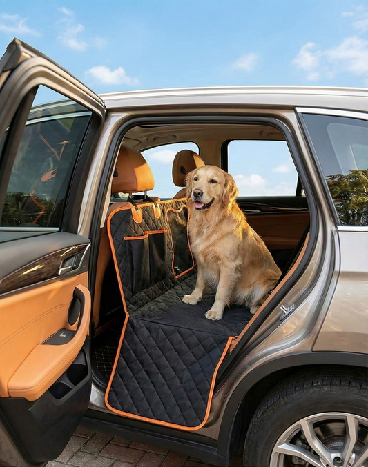 Dog sitting on a car mat in an open car door with a clear sky.